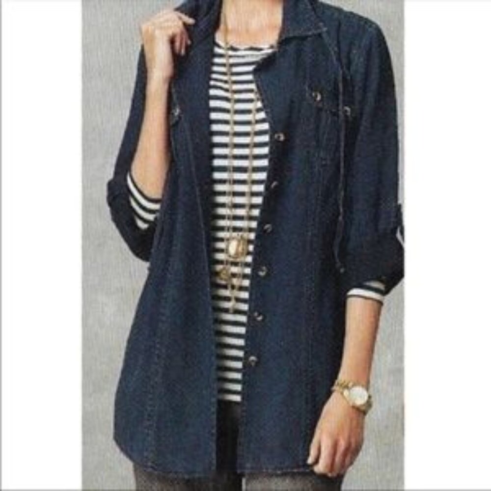 CAbi #340 Rolled Sleeve Button Down Shacket Tunic in Indigo Denim